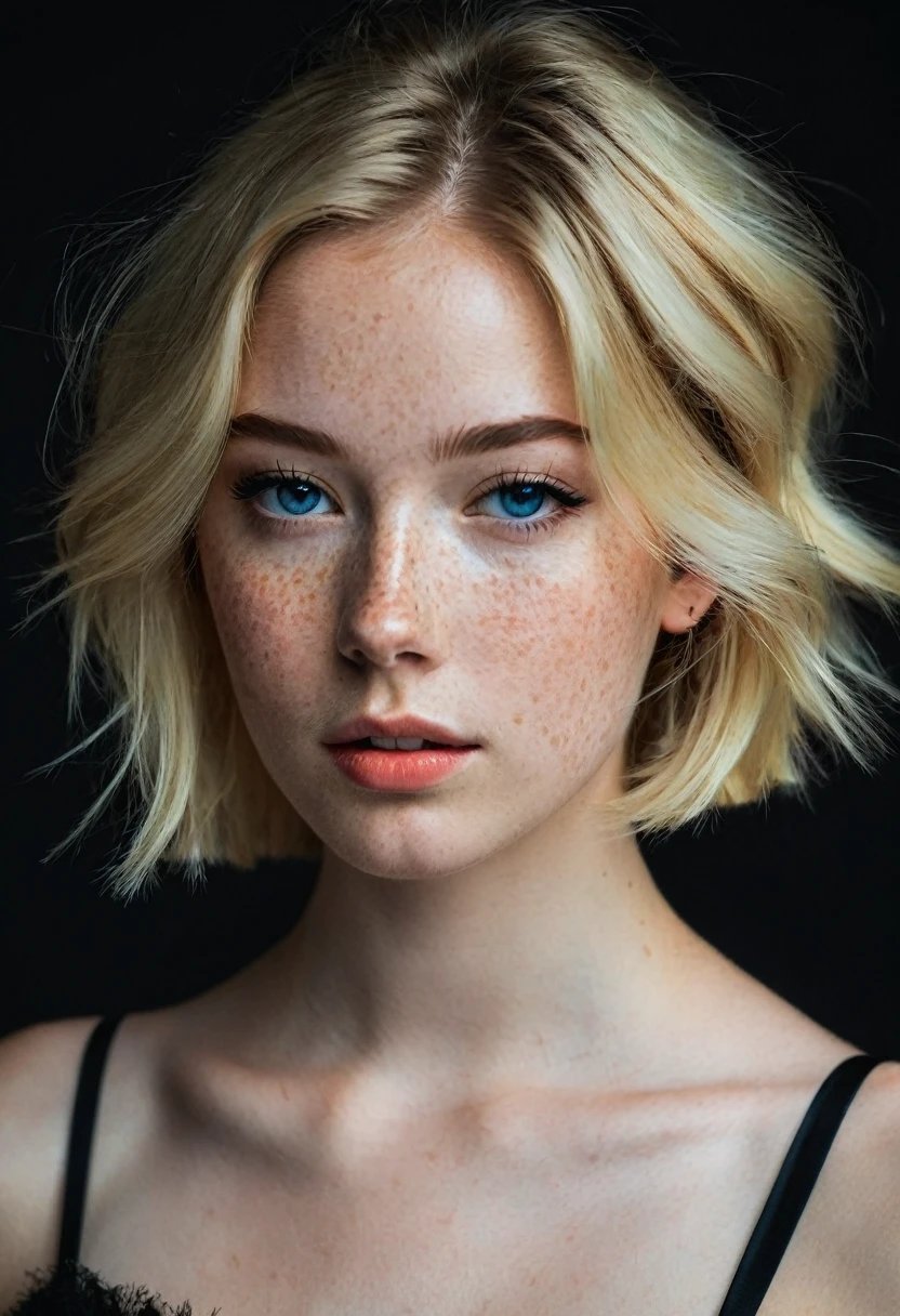 a cute 16 years old girl with (freckles:1.4) with a serious look on her face, (blonde hair:1.2), freckles, a portrait, neo-romanticism, masterpiece, best quality, depth of field, from side, young, (pale skin:1.65), (blue eyes:1.15), ((black background:1.35)), (Furrowed eyebrows:1.45), (sexy half-closed eyes:1.55), sensual eyes, (sexy eyes:1.15), (elegant hair:1.25), (flat background:1.5), one color background, black theme, neon lights, focal, elegant dress, sexy clothes, thin face, skinny face, cute, (foxy-eyes makeup:1.25), dark make up, black makeup, short straight hair,(sensual girl:1.15), (realistic photo:1.15)