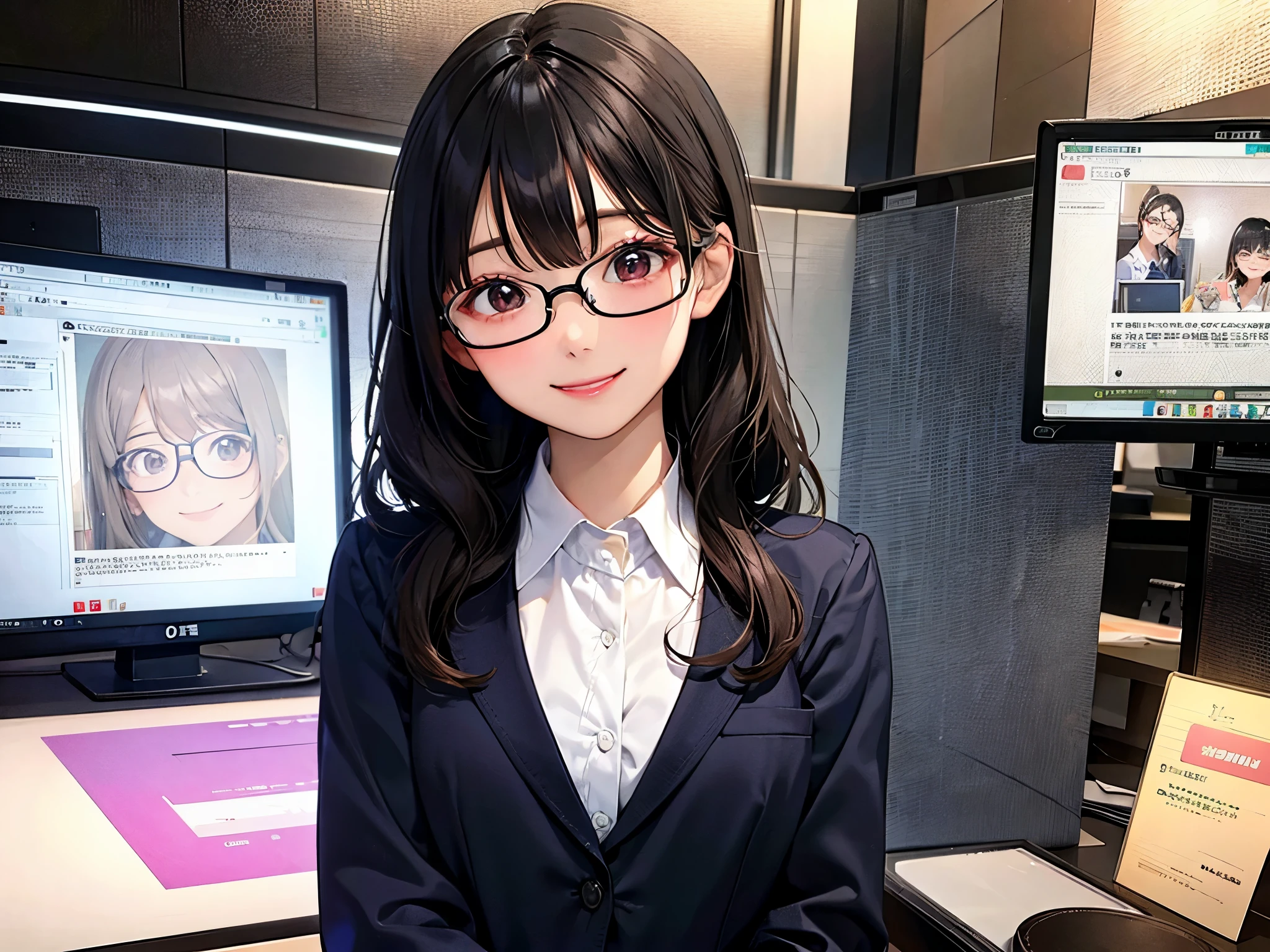 Editor, Glasses, Beautiful and smiling, Cute smile, Beautiful Korean Women, Beautiful smile, work, interview, microphone, Office Lady, suit, is working, Smiling Kindly, A slightly cute smile, , work熱心, interview, microphone, OL, masterpiece, ultra detailed, woman, smart, noisy, nervous, amazed, Wink, bob, black hair