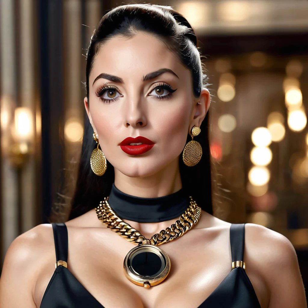 magnificent masterpiece, ultra realistic, bearded Italian woman, black browshing hair, black eyes, big round nose, lipstick, earrings, jewelry, necklace, gold watch, in tight panther dress, beautiful well-trimmed beard