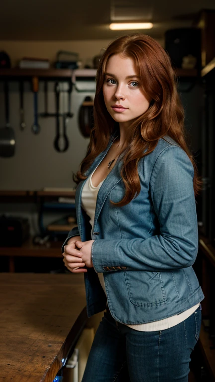 Redhead young woman, curvilinear, green eyes long hair, curlies. Wearing blue jeans and a gray blazer. In the instrument room, soft lighting and high contrast.