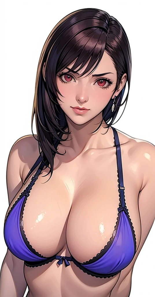 masterpiece,FF7, Tifa,, Exposing shoulders, , Beautiful face, Dark Skin, Red eyes, Iris, Pupil orange,Mr.々Posing,The whole body is visible,Big Breasts,Purple bra