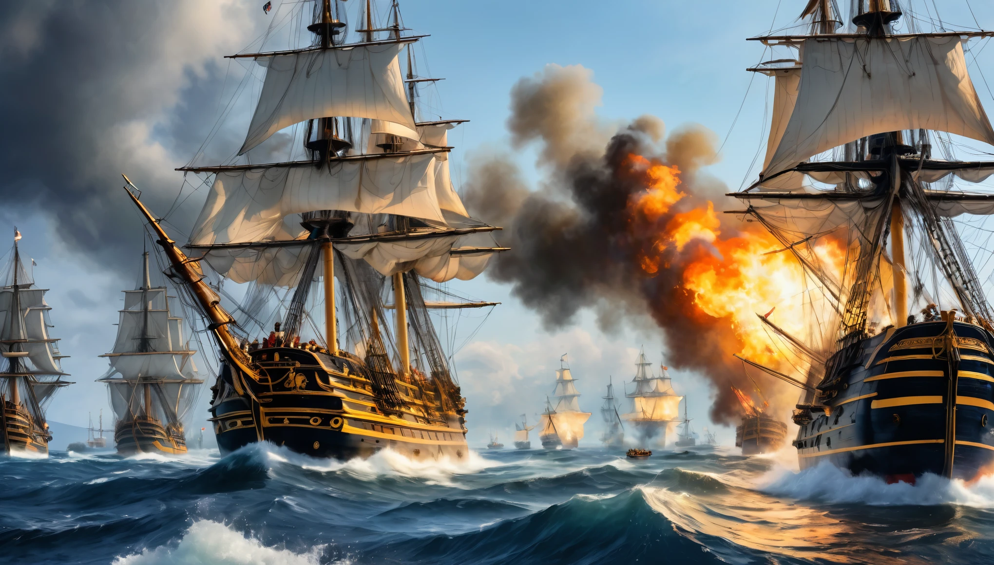 (8k, Highest quality, masterpiece)，{Realistic, RAW Photos, Super Fine Clear, Impressionist painting, (Impressionist paintingの影響を受けた, Battle of Trafalgar:1.6)}, Medieval naval battles, The British Navy defeats the Spanish Armada, Deadly Combat, Fierce Battle, Heat,, Vibrant