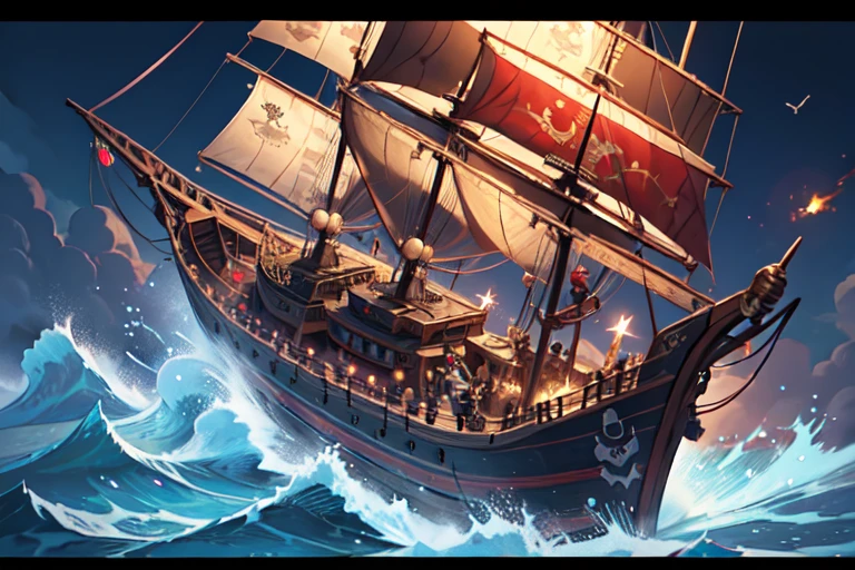 (1 Female), (Pirate with sword), Pirate War, Pirate Flag, Broken ship, fierce fighting, Ship deck, inflammation, cigarette, Brave Leader, anchor, spark, Artillery fire,
