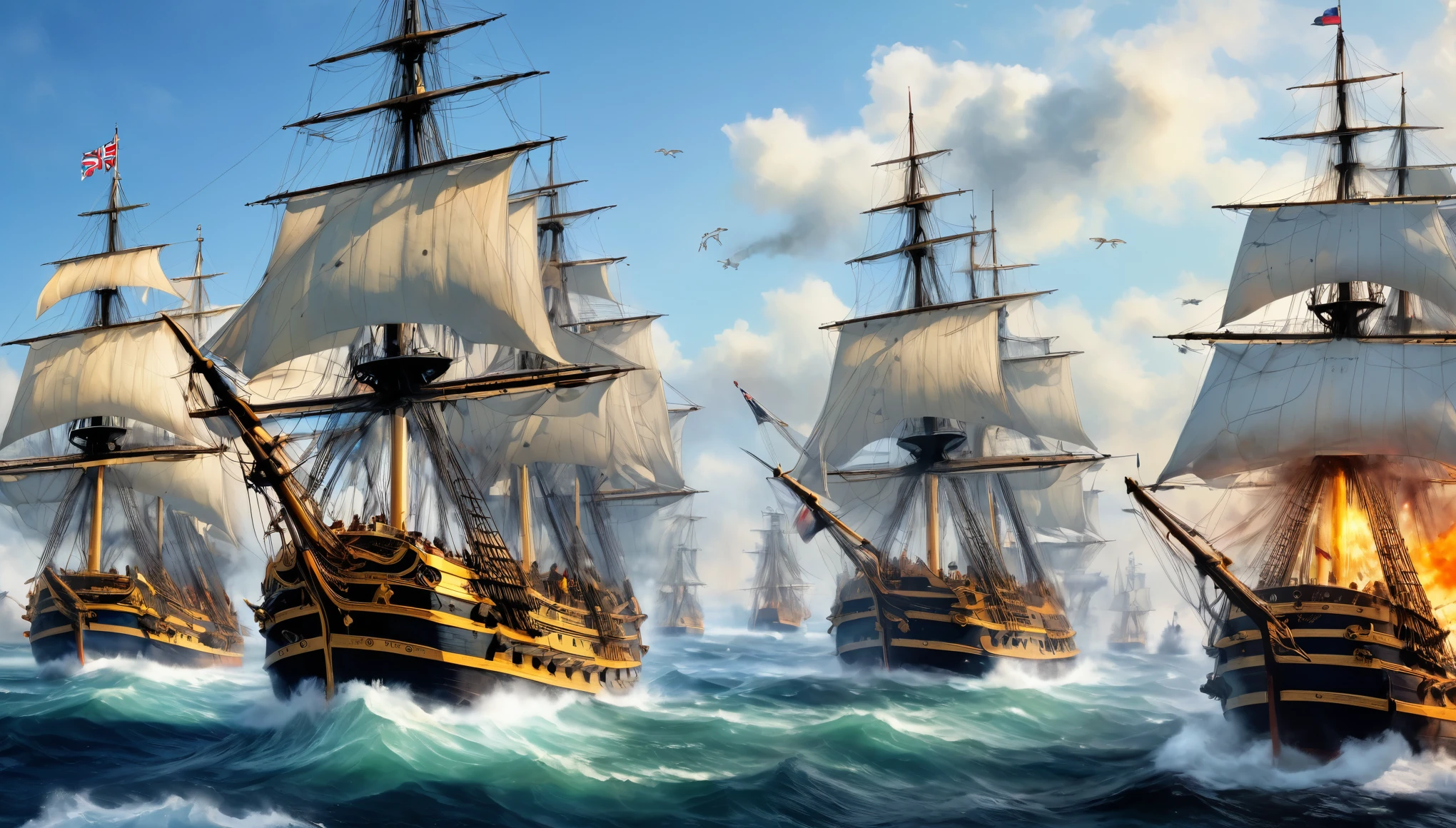 (8k, Highest quality, masterpiece)，{Realistic, RAW Photos, Super Fine Clear, Impressionist painting, (Impressionist paintingの影響を受けた, Battle of Trafalgar:1.6)}, Medieval naval battles, The British Navy defeats the Spanish Armada, Deadly Combat, Fierce Battle, Heat,, Vibrant