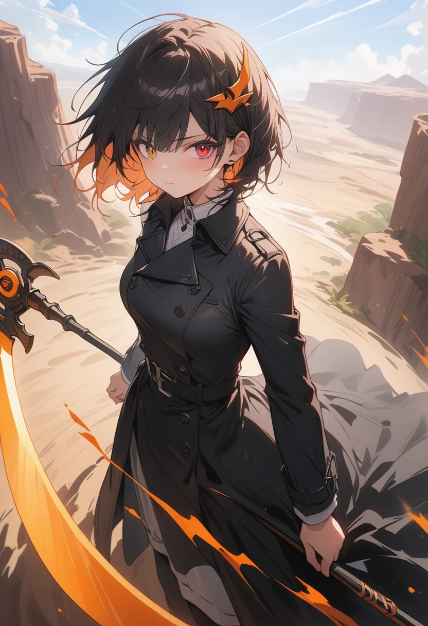 best_quality, hi_res, masterpiece, absurd_res Highly_detailed, 4k, high_detail, detailed_background,, (masterpiece:1.2), best quality,midjourney, 1girl, solo, short hair, black hair, looking at viewer, long sleeves, black suit, white shirt, bangs, hair ornament, heterochromia, purple and orange eyes, (wasteland desert background), closed mouth, stern_expression, Full body, (standing_on_the_edge_of_a_cliff), (raised_arms), front_view, bright_sky, cliff, (holding futuristic scythe), (detailed_face), (detailed_eyes), (long_black_trench_coat), windy, (orange_aura)