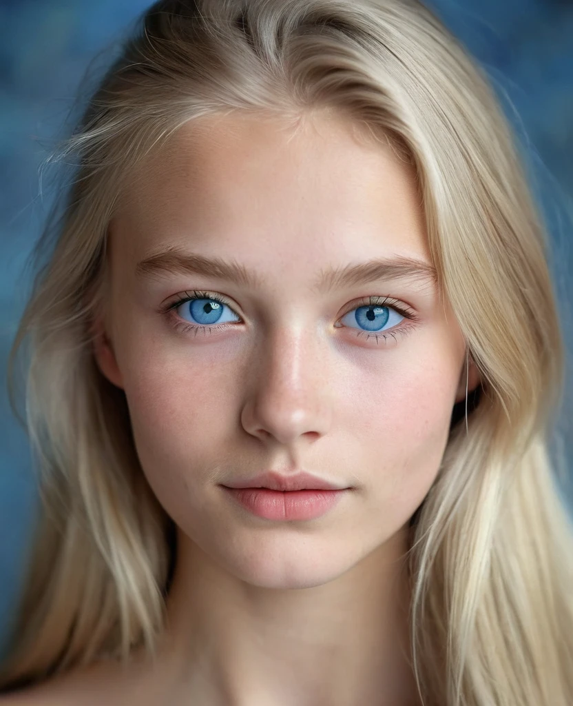 Portrait of a Norwegian beautiful teenager, 147 years old, small breasts, soft smile, large lips, long blonde hair with shaved sides , blue-grey eyes, realism, digital painting, concept art, smooth, sharp focus, rule of thirds, 35 mm, naked full body