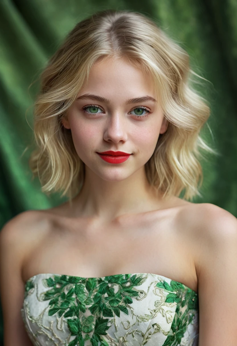 portrait of a beautiful ager, small breasts, intricate dress, soft smile, red lips, blonde hair, green eyes, realism, digital painting, concept art, smooth, sharp focus, rule of thirds, Style-Psycho