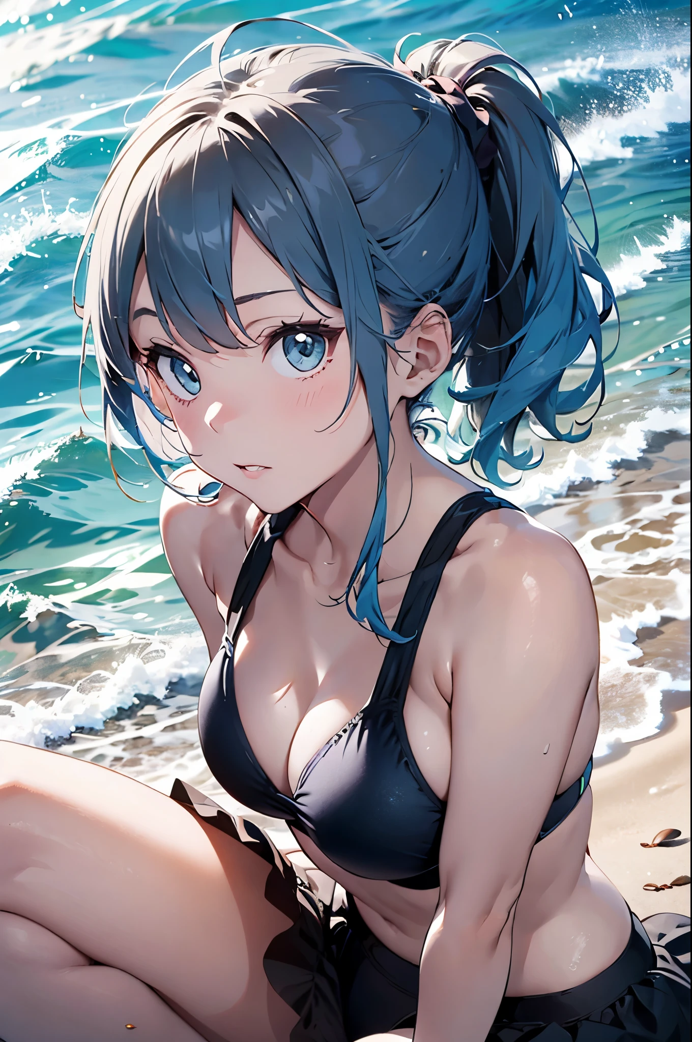 High resolution,topless、
One beautiful young woman,Light blue hair、ponytail、
(Soft Saturation:1.3), (Fair skin:1.2),
(ultra-Detailed Background, Detailed Background), Bokeh,
break&#39;Portrait of a smiling girl.,
When viewed from the front, The composition is symmetrical,
Looking straight at you with serious eyes,
break Swimwear, White Bikini, Center of chest, 
Outdoor, Sea surface, null, sunlight,Summer beach, Sandy Beach,
Strong light, Front lighting, 
(Teen:1.3), (Cowboy Shot:1.2),
Front brake angle,
View your viewers,
Dynamic pose,
sitting on the beach

Seaweed、Seaweed、Seaweed、Seaweed、Seaweed、Seaweed、Seaweed、