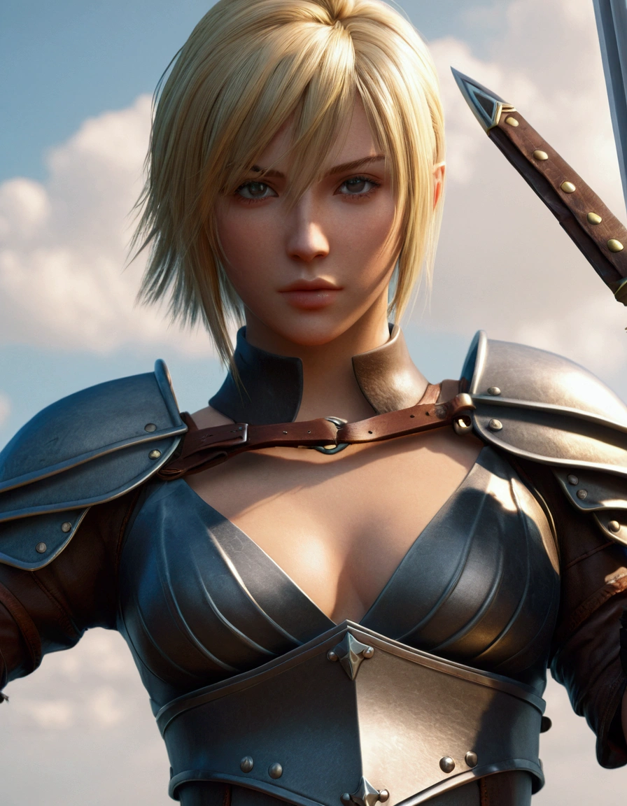 Arafe woman in leather clothes holding a sword and sword, Photorealistic anime girl rendering, 2. 5d cgi anime fantasy artwork, 3d rendering character art 8k, 3D Anime Real, Girl in Armor, Ultra realistic anime, Sexy blonde warrior, Beautiful female knight, ArtJam ; 3d unreal engine, Vojtek Fuss