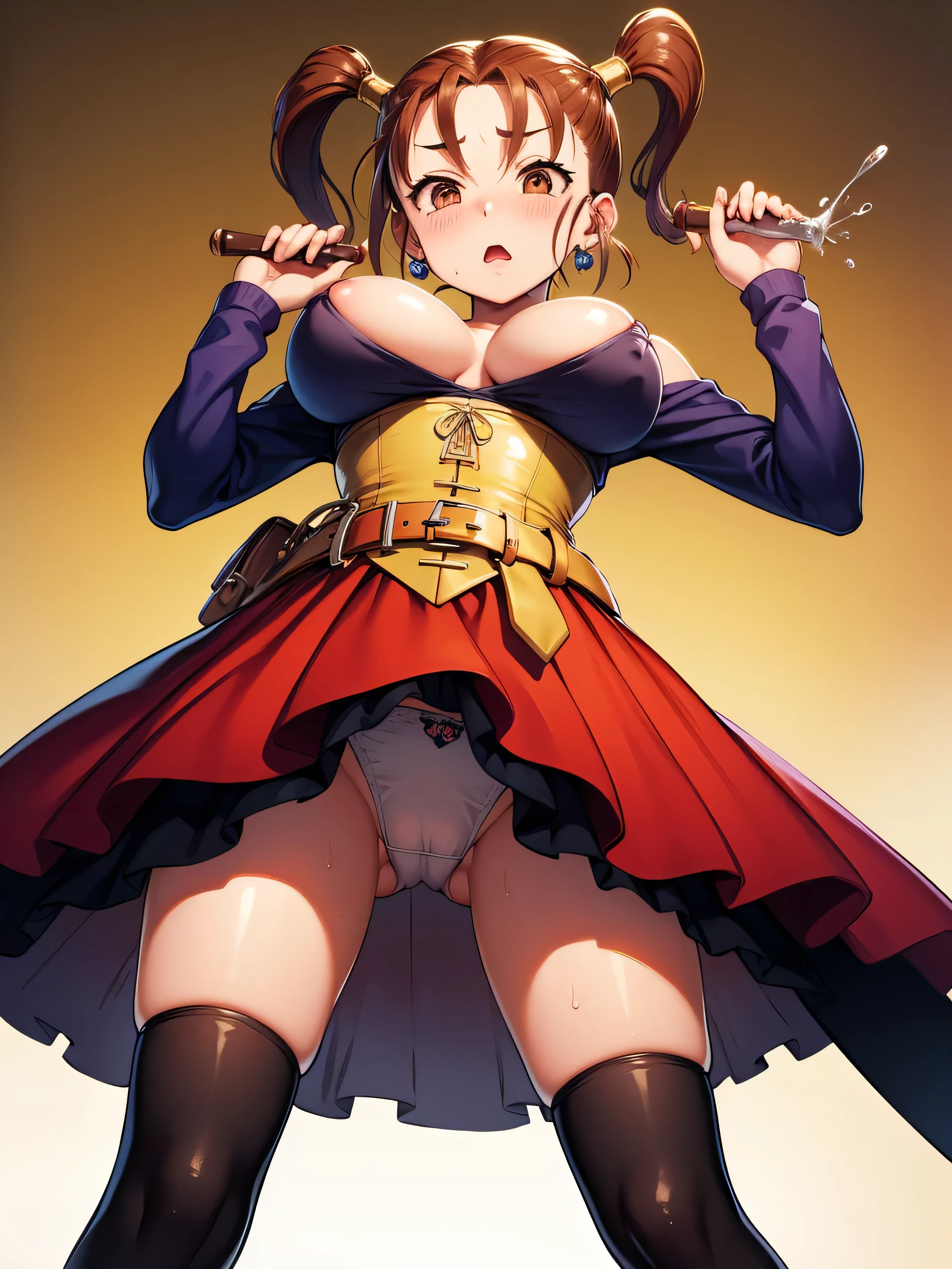 (masterpiece, Highest quality:1.2), alone, One girl, 、Kindergarteners、、、child、childの小さな体、Jessica, , blush、Twin tails, Purple Shirt, Strapless Dress, corset, Earrings, belt,Red long skirt、(Huge breasts:1.2)、Leg spread、Open your legs、Flashy lace white panties、Pussyが透ける、See-through panties、Thick white love juice、Drip a large amount of love juice、orgasm、Background grassland、Masturbation、masturbation behavior、Flip up your skirt、Pussy、clitoris、Very deep cleavage、Black tights、Urinating、incontinence、Peeing、Transparent clothes、Pee、Put your hands behind your back、Fall backwards、Massage the breasts、Sweat、Wet underwear、M字Leg spread、Pussyに指を入れる、From below、Embarrassed、Embarrassed expression