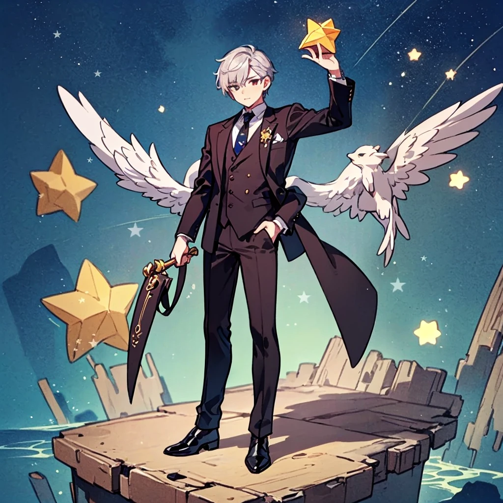 ((Highest quality，masterpiece，Extremely sophisticated details，Full body picture of a handsome Korean-style man with short silver hair，Holding a big three-dimensional star in hand，Wearing a boss&#39;s formal short black suit without tie and high collar，singer))，Extremely mature and handsome，super handsome guy，Small silver jewelry decoration，Gorgeous stage background，Q version