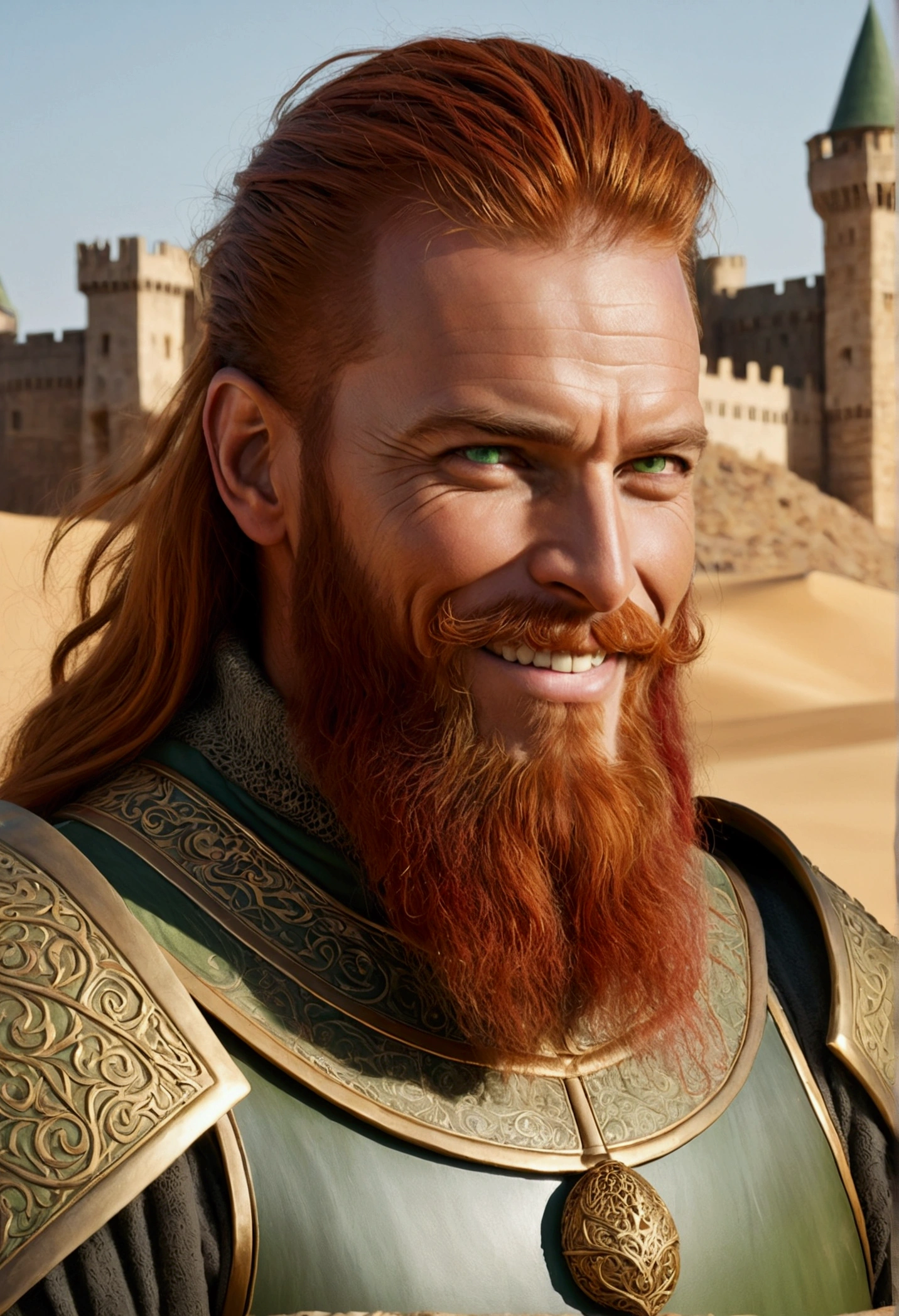 Tall medieval mercenary, pale green eyes and a long, bushy red-gold beard. He has an cruel smile. Background a castle in the desert