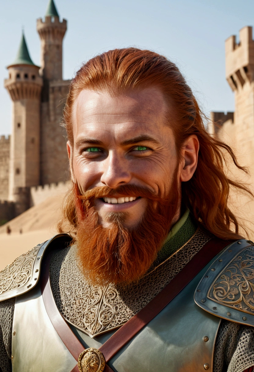 Tall medieval mercenary, pale green eyes and a long, bushy red-gold beard. He has an cruel smile. Background a castle in the desert