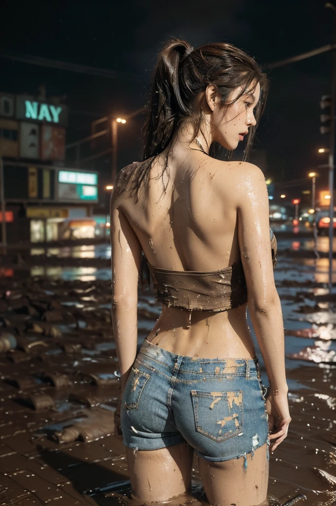 (((best quality))),(((ultra detailed))),(((masterpiece))),illustration,((1 beautiful girl,solo)),(looking at the viewer:1.3),(short ponytail:1.2),(((sweat,wet))),((slim,thin)),((strapless,bare back,towering hips,butt crack)),(torn brown tank top:1.3),(torn brown sports pants:1.3),(standing:1.3),(cyberpunk city:1.3),(body soaked In the mud pit:1.3),(summer:1.2),(downpour:1.2), (mud-covered:1.2), street corner, resilience, fierce determination,vibrant colors,(mud splattered:1.3),city chaos,(muck:1.3),(neon lights:1.2),(muddy flooded street:1.3), towering buildings,(pounding rain:1.3), distressed structures,,(night scene:1.3),((from back,upper body))