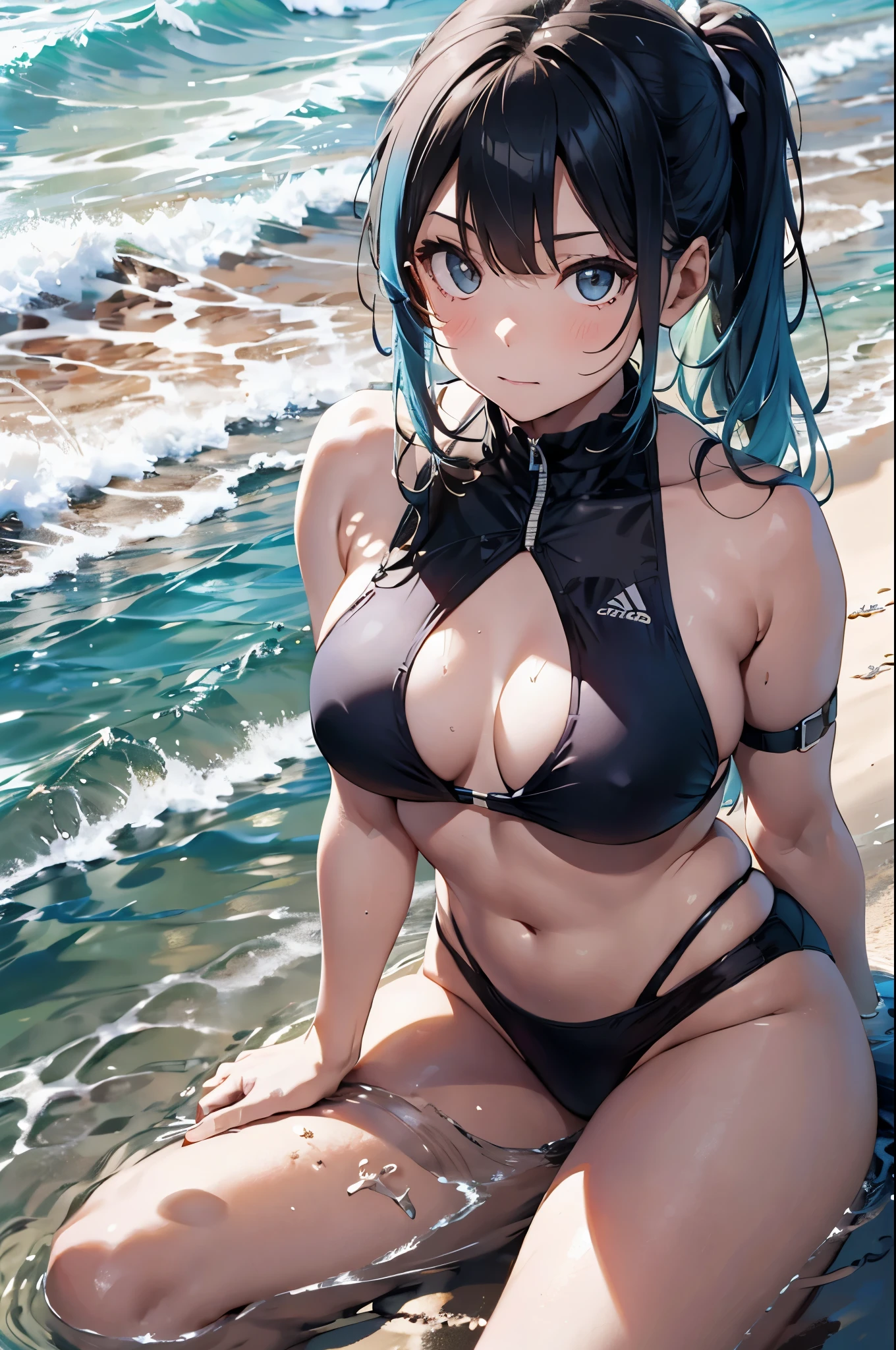 High resolution,topless、
One beautiful young woman,Light blue hair、ponytail、
(Soft Saturation:1.3), (Fair skin:1.2),
(ultra-Detailed Background, Detailed Background), Bokeh,
break&#39;Portrait of a smiling girl.,
When viewed from the front, The composition is symmetrical,
Looking straight at you with serious eyes,
break Swimwear, White Bikini, Center of chest, 
Outdoor, Sea surface, null, sunlight,Summer beach, Sandy Beach,
Strong light, Front lighting, 
(Teen:1.3), (Cowboy Shot:1.2),
Front brake angle,
View your viewers,
Dynamic pose,
sitting on the beach

Seaweed、Seaweed、Seaweed、Seaweed、Seaweed、Seaweed、Seaweed、