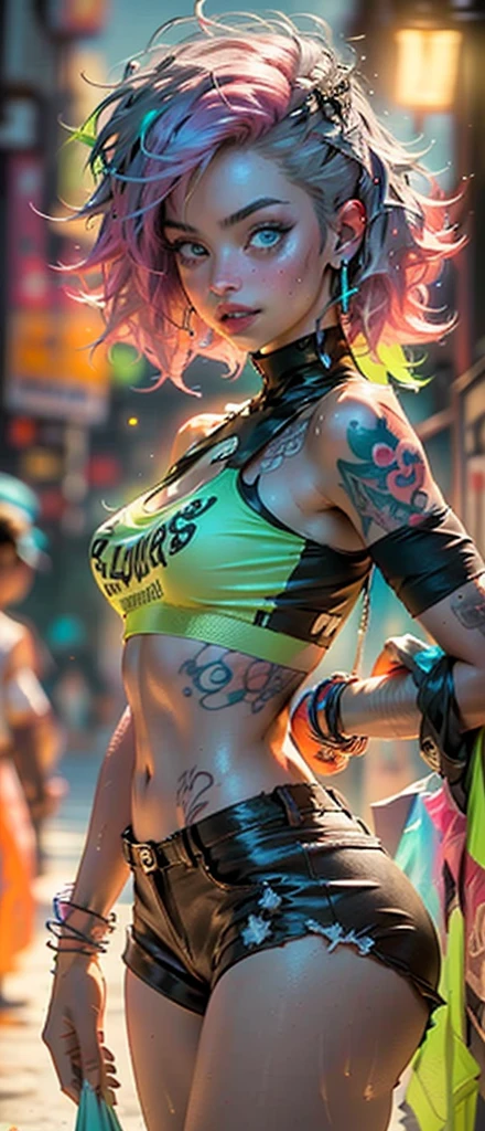 (((NSFW:1.5))),8k, ultra quality, higher quality, clear picture,girl rave,(((1 busty girl))),((Girl with extremely cute and beautiful pink hair)),((asian features)),
(Large breasts:1.4),A sagging breast,(((Neon pink hair:1.35,Wild hair,Long gray hair:1.4,Colored inner hair,Ear breathing))),(((neon_Green_eyed:1.3))),complex eyes,beautidful eyes,symetrical eyes,slanted eyes:15,((fat)),((((Glow skin:1.5,brightened skin: 1.5,Glowing and radiant skin,The skin is very radiant,shining body,plastic glitter skin,Exaggerated glowing skin,Glowing skin, Wet legs))),(spider lower abdomen,Willow waist,Wide hips,athletic body build,inflatable legs,Detailed body,(Detailed faces)),
Cute big breasts,slutty,Cleavage is seductive,,(((NSFW))),
absolute chance,Clothing that exposes,show skin,((Rave neon print shirt,orgy mini shorts,Visible thong straps)),((panty straps)),(rave outfit:1.3,rave clothes,seminude,The clothes are a bit small),((Neon tattoo:1.3)),((wetclothes,complex clothing,Complex clothes)),
(dynamicposes:1.0),Just focus,embarressed,(are in the center,Scale to fit the dimensions,the rule of thirds),
Waterfront cyberpunk city by night, There are bright neon lights and dark storm clouds and puddles, scenecy:1.25,during night, star night, kosmos,Pitch black night,Neon lights are particularly eye-catching, very bright neon light,
artsy photography,(Photos taken by sldr),A high resolution, Focus sharp,(ultra - detailed, The content is very detailed), (realistic artwork:1.37),(extremely detaild的 CG unified 8k wallpapers),((Synthetic wave background theme)),(((vibrant with colors))),iintricate,(intricate background),(tmasterpiece),(Best quality),Perfect face,Perfect facial detail,Realistic face,Shoot real,analogue style,((Complicated details)),(((Endless realism))),
