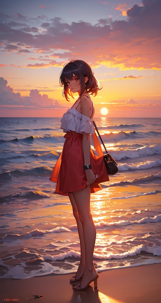 Woman standing on the beach looking at the sea, there is sunset, there is sunset, under the beautiful sunset, the most beautiful sunset, watch the sunset, watch the sunset, sunset time, watch the sunset, beach on the sunset, in the sunset, girl looks at the sunset, looks at the sunset, is the sunset