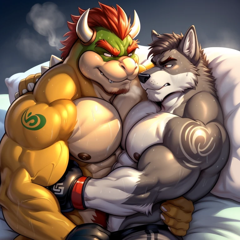 Duo male(Bowser Koopa vs Gray Wolf, handsomes, handsome hairstyle, Thick eyebrows, detailed face), gay(Lying down, cuddling embraced, Body above body, on a bed match), hot(Shirtless), handsomes(They are handsomes, correct anatomy), musculosos(Big muscle bodies, Six packs, muscle abs, big pecs), sweaty(very sweaty wet bodies, shiny sweat), tatuajes(they have tattoos), grumpy(Both have an grumpy expression, grumpy teeths, steaming breath), UFC gloves(They both are wearing UFC gloves), Hight resolution, by(Zourik:1.1)