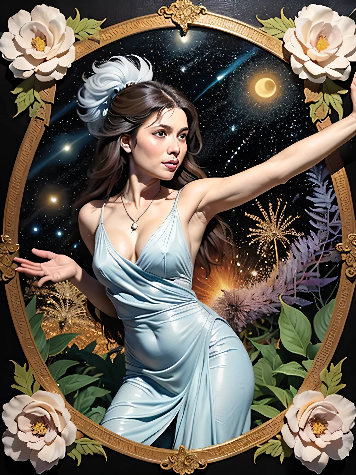 A stunning woman with brown hair and soft brown curls cascading over her shoulders, casting a warm glow on her velvety black sequined shoulder strap dress. This elegant dress hugs her youthful, lithe figure, highlighting her ethereal beauty. Her brown eyes, reflecting the blue glow of the mystical key in her hand, captivate the viewer, beckoning him into the realm of mysterious enchantment. The key emits a rhythmic, pulsating light, hinting at the deep secrets and limitless adventures it holds. The spectral fox, whose fur seems to be woven from the very fabric of darkness, watches her with devoted eyes, its form a silent testament to the magic it wields. The fox's presence stands in stark contrast to the calm beauty of the unicorn standing guard behind her, his alabaster horn pointing skyward as if to attract the stars themselves. The creature's flowing mane and tail dance in the wind, filling the scene with a sense of ancient wisdom and quiet elegance. The backdrop is a stunning tapestry of Mediterranean blue, woven from whispering pines that reach to the sky, their needles sharing their secrets with the skies. Two swans glide with perfect grace across the calm bay, their reflection shimmering in the water like a dance of pure elegance. Reminiscent of the Pre-Raphaelite era with its meticulous brushwork and vibrant color palette, this enchanting painting invites the viewer to step into a world of fantasy where the boundaries of reality blur and the promise of miracle lies just around the next corner. The painting echoes the masterful brushstrokes of Mohrbacher, Giancola and the timeless charm of Buck, Cecil and Waterhouse, while the intricate details and exotic setting echo the whimsical spirit of Jean-Baptiste Monge. This is not just a portrait, but a gateway to a universe of myth and magic, where a woman in a starry dress and a shining key rules as the guardian of hidden truths and uncharted lands.