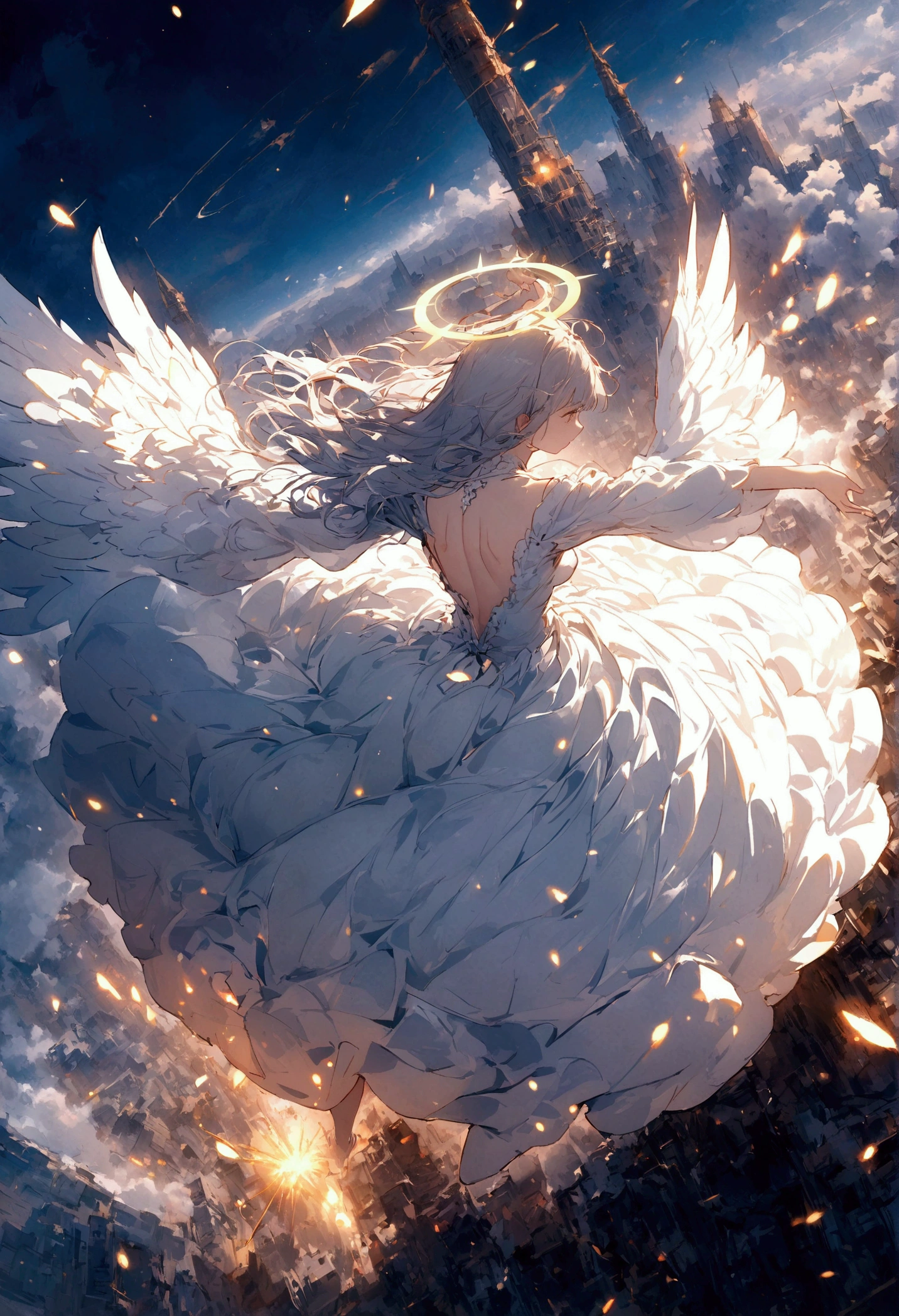 
One (Rear view:1.5) A very beautiful female angel\(Long platinum hair, wide back white dress,(彼女のchestからは大きな美しい天使の羽が),Very beautiful shining halo,chest\), She has her arms wide open as if asking for help., She&#39;s on the clouds、Looking down at the world below, Fierce war\((Lots of sparks and fire), fail, Fighter, Many buildings collapsed, Nature is destroyed, Magnificent and spectacular views\) It&#39;s happening under the clouds, BREOneK ,quality\(8k,非常に精細なCGユニットのwallpaper, masterpiece,High resolution,top-quality,top-quality real texture skin,Surreal,Increase the resolution,ROneW photos,最高quality,Very detailed,wallpaper,Cinema Lighting,Ray-tracing,Golden Ratio\),[Browsing Caution],Dynamic Angle,[Browsing Caution],From above