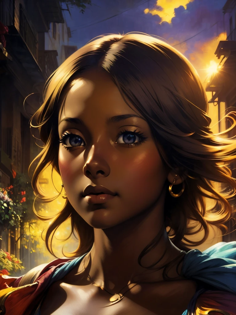 ((Solo Beautiful Caribbean woman with dark skin and striking eyes)), shadowed interior background, art by akihiko yoshida, manga art style, colorfield illustration, Scary atmosphere, global illumination, by frank frazetta, art by goro fujita, glamour shot, banner, blur, anime key visual, (blue, yellow and grey colors), dramatic photo, anime girl, Intricate details, chiaroscuro, pino daeni, impressionist (best quality, masterpiece)