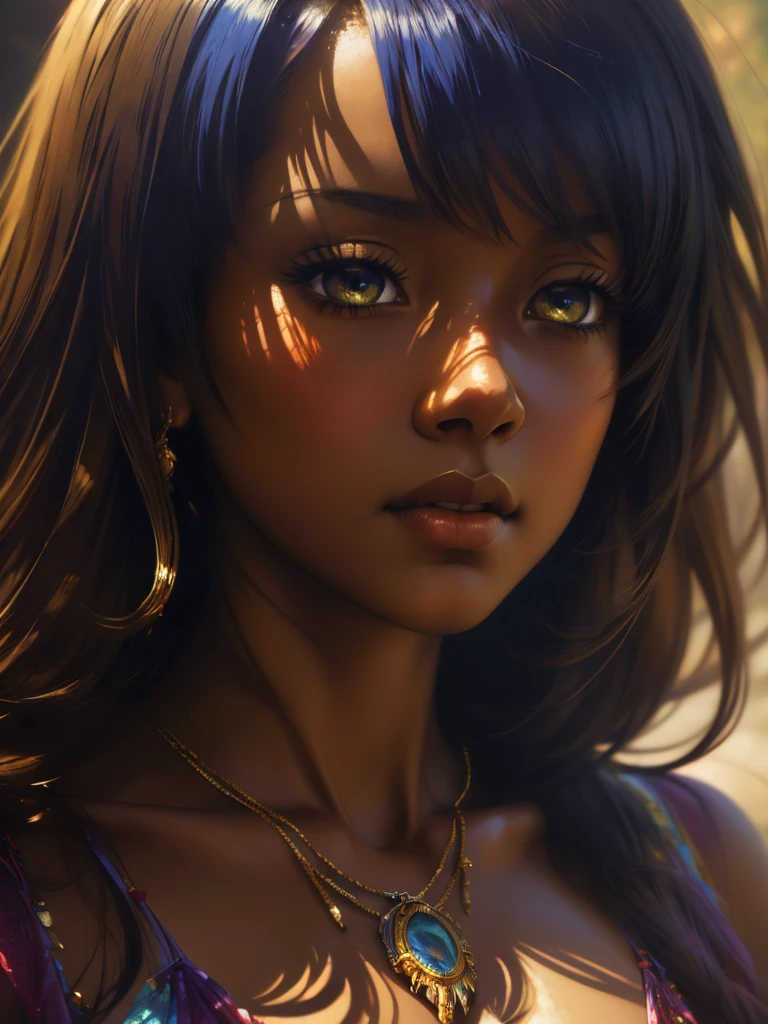 ((Solo Beautiful Caribbean woman with dark skin and striking eyes)), shadowed interior background, art by akihiko yoshida, manga art style, colorfield illustration, Scary atmosphere, global illumination, by frank frazetta, art by goro fujita, glamour shot, banner, blur, anime key visual, (blue, yellow and grey colors), dramatic photo, anime girl, Intricate details, chiaroscuro, pino daeni, impressionist (best quality, masterpiece)