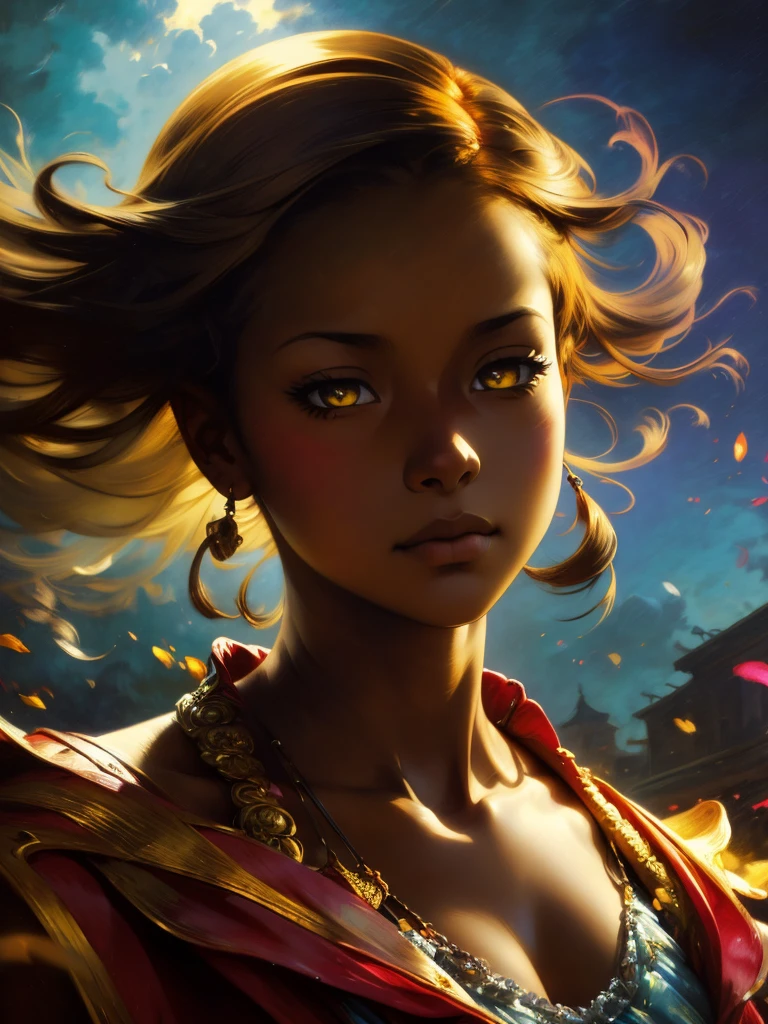 ((Solo Beautiful Caribbean woman with dark skin and striking eyes)), shadowed interior background, art by akihiko yoshida, manga art style, colorfield illustration, Scary atmosphere, global illumination, by frank frazetta, art by goro fujita, glamour shot, banner, blur, anime key visual, (blue, yellow and grey colors), dramatic photo, anime girl, Intricate details, chiaroscuro, pino daeni, impressionist (best quality, masterpiece)