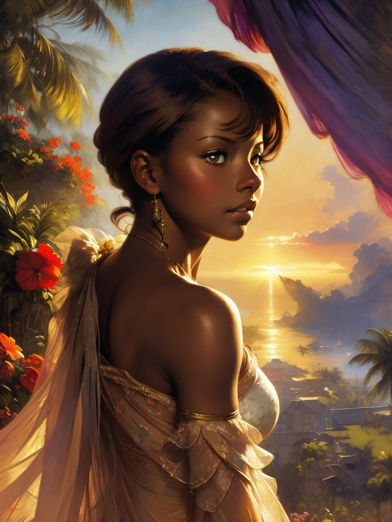 ((Solo Beautiful Caribbean woman with dark skin and striking eyes)),  shadowed interior background, art by akihiko yoshida, manga art style, colorfield illustration, Scary atmosphere, global illumination, by frank frazetta, art by goro fujita, glamour shot, banner, blur, anime key visual, (blue, yellow and grey colors), dramatic photo, anime girl, Intricate details, chiaroscuro, pino daeni, impressionist (best quality, masterpiece)