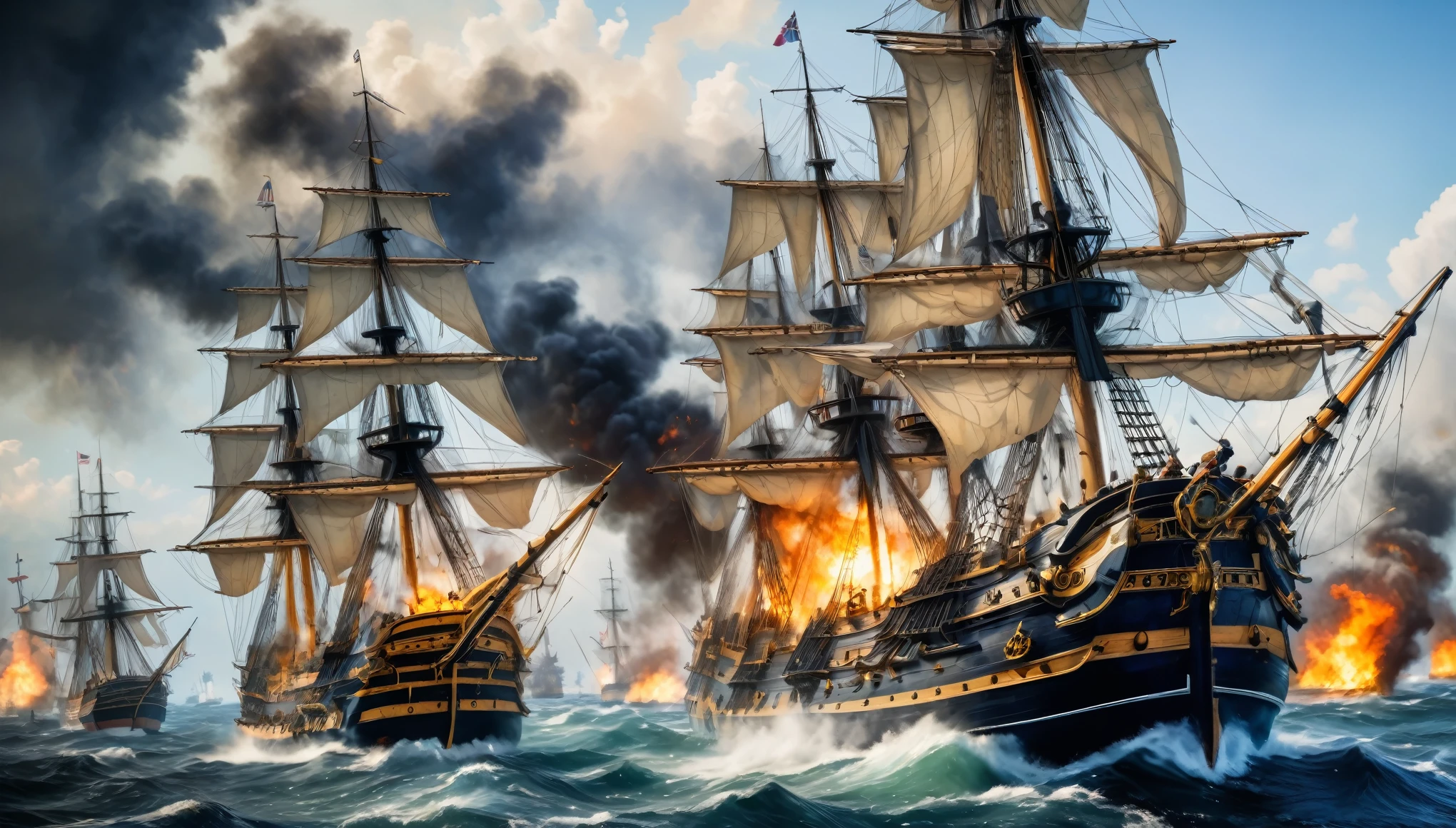 (8k, Highest quality, masterpiece)，{Realistic, RAW Photos, Super Fine Clear, Impressionist painting, (Impressionist paintingの影響を受けた, Battle of Trafalgar:1.6)}, Medieval naval battles, The British Navy defeats the Spanish Armada, Deadly Combat, Fierce Battle, Heat,, Vibrant