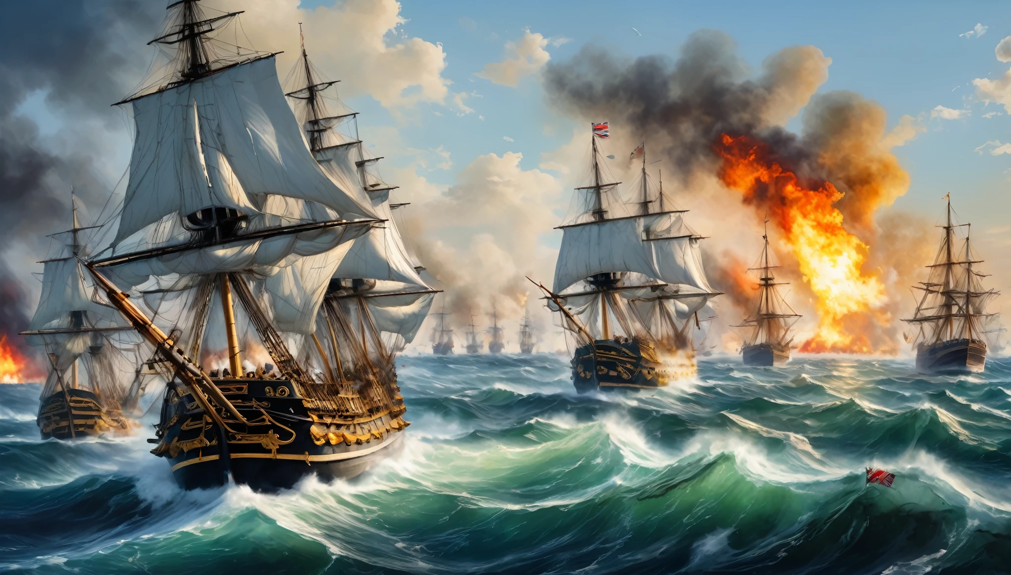 (8k, Highest quality, masterpiece)，{Realistic, RAW Photos, Super Fine Clear, Impressionist painting, (Impressionist paintingの影響を受けた, Battle of Trafalgar:1.6)}, Medieval naval battles, The British Navy defeats the Spanish Armada, Deadly Combat, Fierce Battle, Heat,, Vibrant