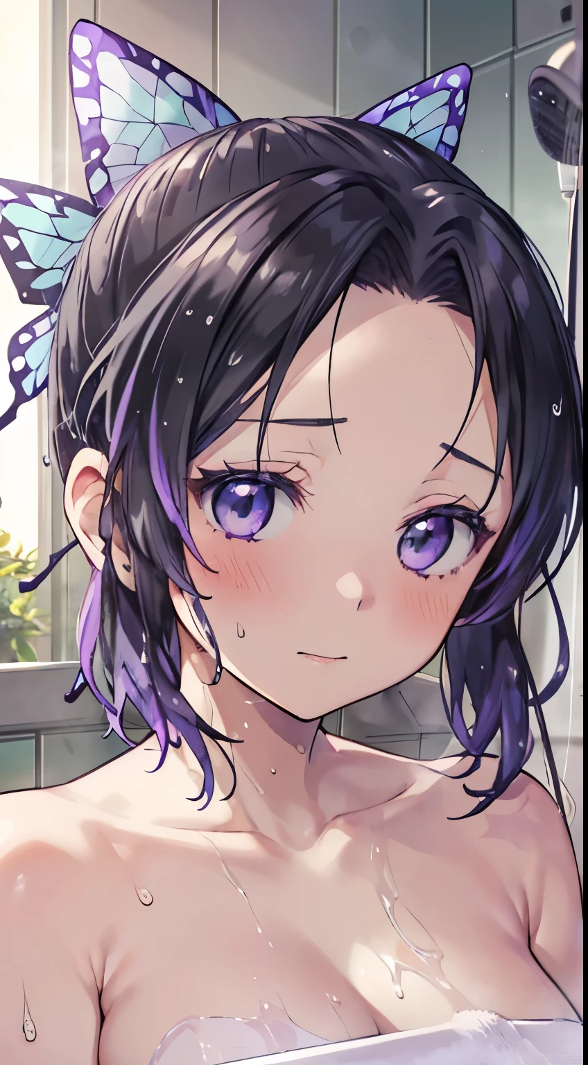 (nsfw), kochou shinobu, (((shy))), (((steam))), (((Don't look over here))), ((((showerルーム)))), (((bath towel))), ((((((shower)))))) , whole body, boost mood, Ultra-realistic 8K CG，masterpiece,, （（Highly detailed background，Delicate pattern，Intricate details, Fine and beautiful eyes）），The best quality in the best condition，とてもとてもとても詳細なface， Highly detailed eyesとface，Highly detailed eyes，kochou shinobu，Multicolored Hair，No bangs，Hair Intake，, Purple eyes，，butterfly，band，（熱band庭園：1.2），Purple Flower，mostly cloudy null，Tyndall effect，slope_null，face，beautiful null，，Seductive posture，（Cleavage:1.3)， woman,,Road bike,No underwear, cute, (((Cycling Shorts))),,Laughing with your mouth open, ((Sweat))(See through),((bicycle)),((Black Hair)),blush,((Recall))(Sweatで濡れた)