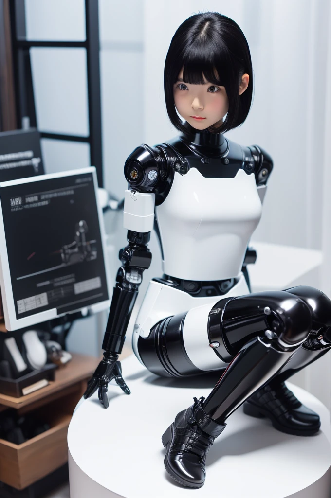 masterpiece, Highest quality, Very detailed,Japanese anDroid woman,Plump , announcer,Control panel,anDroid,Droid,Mechanical Hand,Robotic arms and legs, Black Robot Parts,Black Hair,Dark black knee-high socks,Black sponge joint,Blunt bangs,White robot body,Ceramic body,Jockey Boots,Perfect Cyborg Girl,