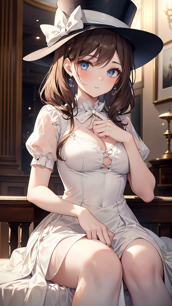 Draw a portrait of a young confident and feminine girl wearing an elegant beige top hat dress with thin straps. She has brown hair and blue eyes. She looks relaxed and exudes sensuality. Work out the details of her look - elegant makeup, updo, decorations. Create an atmosphere of sophistication and attractiveness around her.