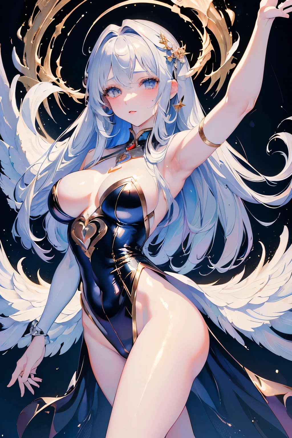 A super erotic silver saint dancing in a super erotic costume that is super erotic and provocative to the limit(((SFW、sound、Highest quality、first-class、masterpiece、Normal body、8k、Detailed face、Ultra-precision、Normal hand、Normal finger、5Finger、Highest)))