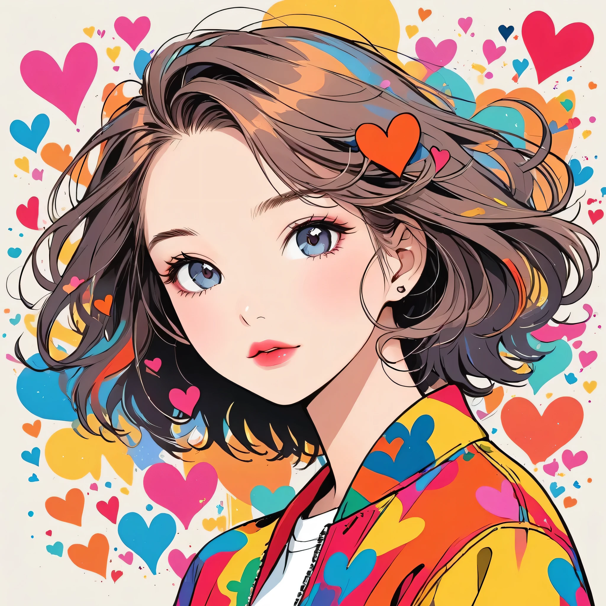 Keith Haring colorful style, Simple Line Initialism,Abstract art,Urban Background, (((The most beautiful girl of all time))), Sweet face. Lips in love, colorful hearts, stylish design