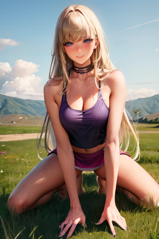 Top Definition, Masterpiece, 4K, High Definition, One mature adult woman, one big dog, woman has platinum blonde, straight hair, one length. Slit eyes, sharp gaze, model-like beauty, perfect proportions. In the grass of a meadow, (a woman, on all fours. A large dog is holding onto the woman's back.)A complete body. Perfect hands and legs. Beautiful body, beautiful legs. Beautiful hands. Perfect body, perfect legs. Perfect hands.
Tank top, mini tight skirt.
A blush on her cheeks and a shy smile on her face.
(The skirt is so short.)
(Very short skirt).