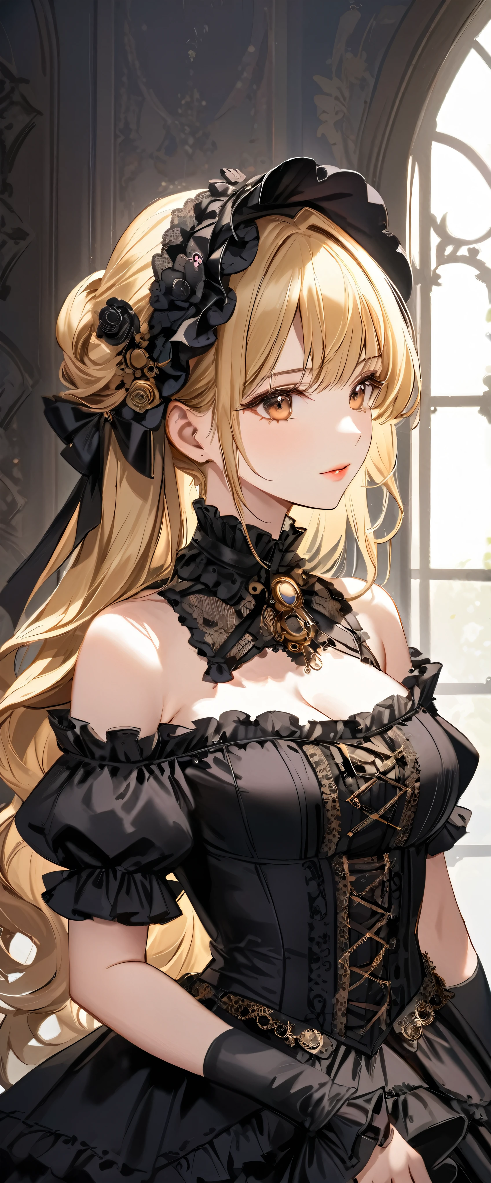 Woman in dress and boots , Baroque Dress, Wearing an elaborate steampunk dress, Elegant Gothic Princess, Victorian Gothic ta Fashion, historical Baroque Dress dark, Black Gothic Loliress, Fantasy style clothing, Rococo Dress, Black Rococo, Fantasy Costume, wearing a Gothic Dress, Romantic Dresses, Gothic Dress,blonde,,(((Upper body portrait)))((Off the shoulder))Big Breasts