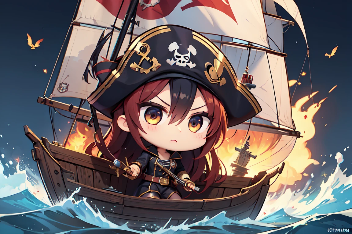 (1 Female), (Pirate with sword), Pirate War, Pirate Flag, Broken ship, fierce fighting, Ship deck, inflammation, cigarette, Brave Leader, anchor, spark, Artillery fire, chibi