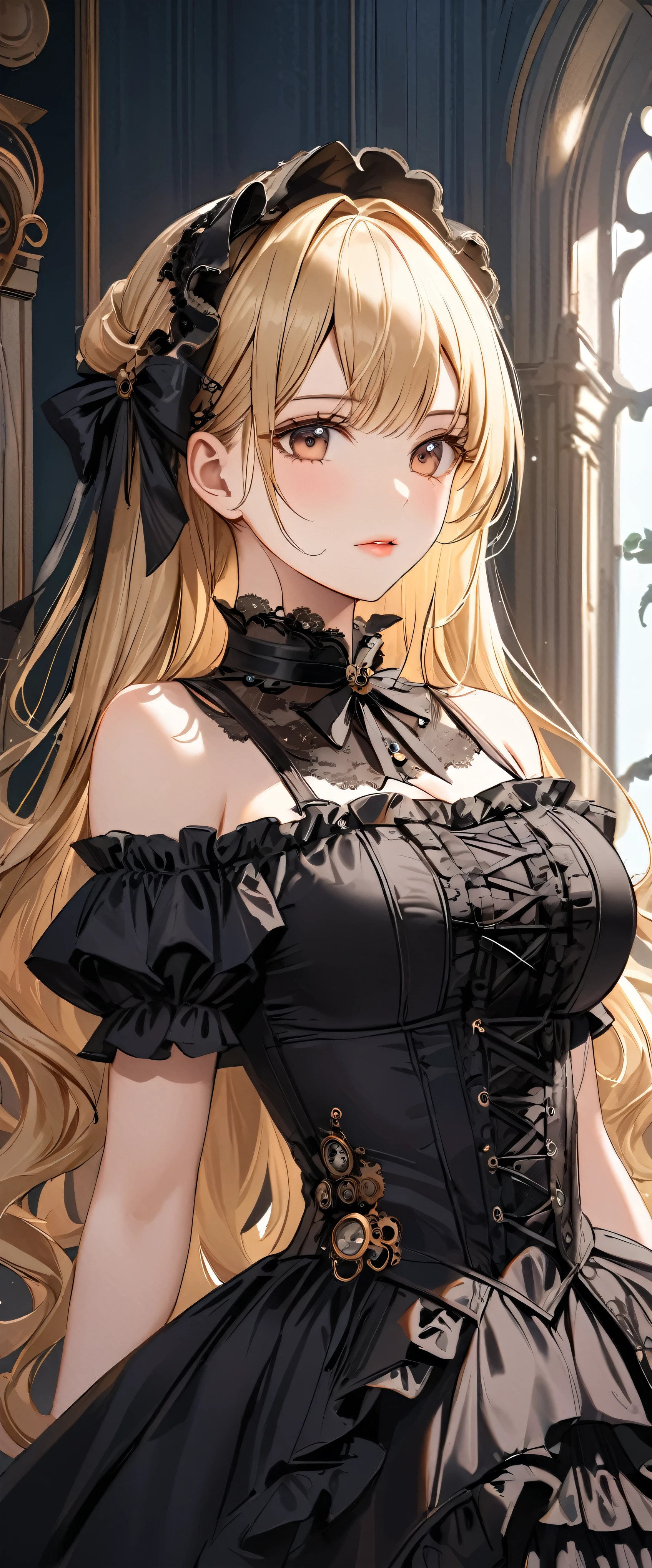 Woman in dress and boots , Baroque Dress, Wearing an elaborate steampunk dress, Elegant Gothic Princess, Victorian Gothic ta Fashion, historical Baroque Dress dark, Black Gothic Loliress, Fantasy style clothing, Rococo Dress, Black Rococo, Fantasy Costume, wearing a Gothic Dress, Romantic Dresses, Gothic Dress,blonde,,(((Upper body portrait)))((Off the shoulder))Big Breasts
