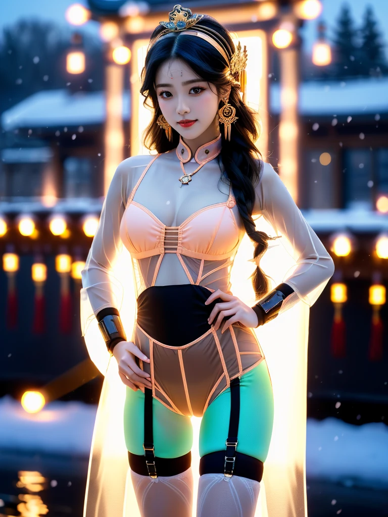 A female model, (Race:Chinese),((night),(Snowy mountain hot spring, moonlight)), (8K Ultra HD, 8K, Ultra-high resolution, best quality, masterpiece, Surrealism, Digital SLR Camera, Soft Light, Bokeh, Masterpieces), ((((Beautiful model-like face))), (Creating the image of a real girl), warm light, Realistic shadows, Dynamic poses, Elegant Posture, Cowboy lens, Full body front view, Be confident, Body facing the camera, Standing facing the camera, Open your legs slightly, Golden Ratio Graphics, Minimalism), (Happy smile, Big watery eyes, Cherry Blossom, Balanced Eyes, Perfect beautiful face, Normal facial features, Realistic skin, Attention to skin details, Sports body, cosmetic, earrings, bracelet, necklace, Jewelry, veil, Hair accessories, Headdress), ((beautiful hair), black hair, Wavy curly hairstyle, Waist-length hair, Messy Hairstyle, Gradient hairstyles, Cyberpunk hairstyle), ((Transparent clothes:1.5), (The color of the clothes: Peach), Transparent Clothes, See-through clothes, Transparent Clothes, Tulle clothes, Mesh clothes, Transparent shirt, 透明的Science Fiction衣服, Three-point swimsuit, (Clothes that accentuate your bust shape)), (Sexy的, Perfect breast shape, Teardrop chest shape, Snow-white breasts, very detailed breasts, 34E cup), (Super high waist, Deep V, Low-cut, Sexy, Flattering, , (Camel toe, High fork strangulation)), (sock, Knee socks, 吊garter, Leg ring, garter, 腿部garter), (pattern:Science Fiction)