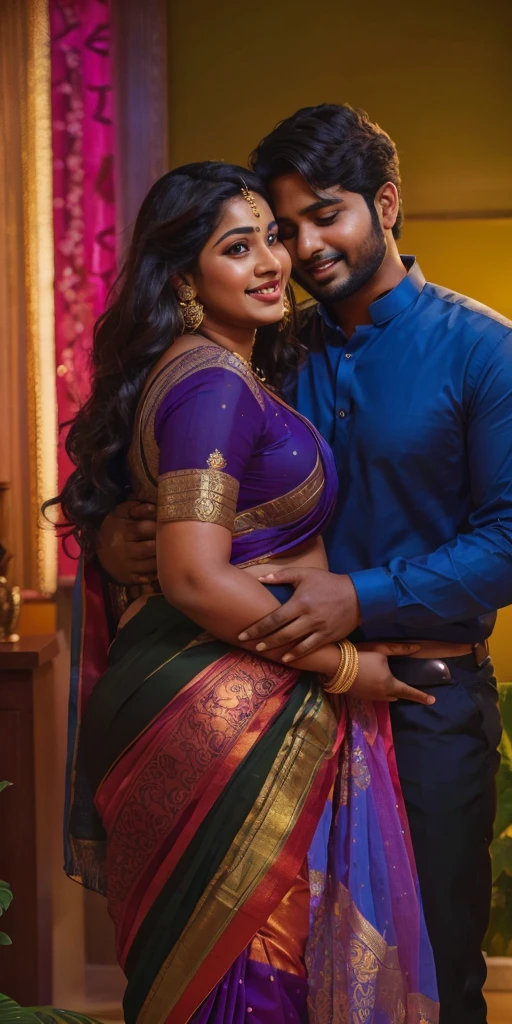 A radiant, full-figured South Indian 25 year old woman wearing a black saree tenderly hugging  a jubilant 25-year-old man while in living room, captured in a full-body image with vibrant hues and meticulous details. Belly button visible . Full body image