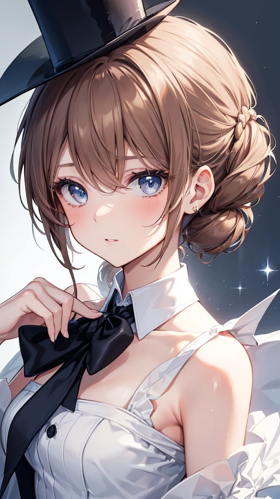 Draw a portrait of a young confident and feminine girl wearing an elegant beige top hat dress with thin straps. She has brown hair and blue eyes. She looks relaxed and exudes sensuality. Work out the details of her look - elegant makeup, updo, decorations. Create an atmosphere of sophistication and attractiveness around her.