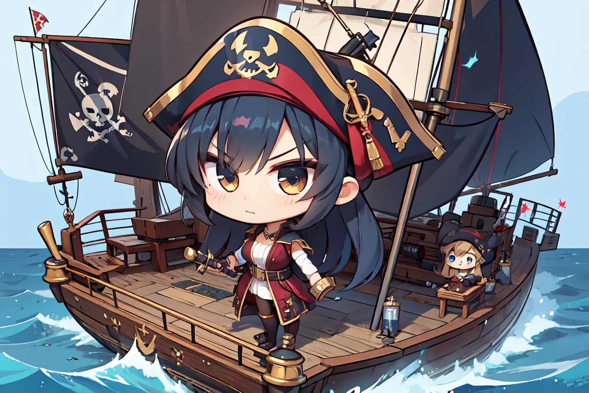 (1 Female), (Pirate with sword), Pirate War, Pirate Flag, Broken ship, fierce fighting, Ship deck, inflammation, cigarette, Brave Leader, anchor, spark, Artillery fire, chibi