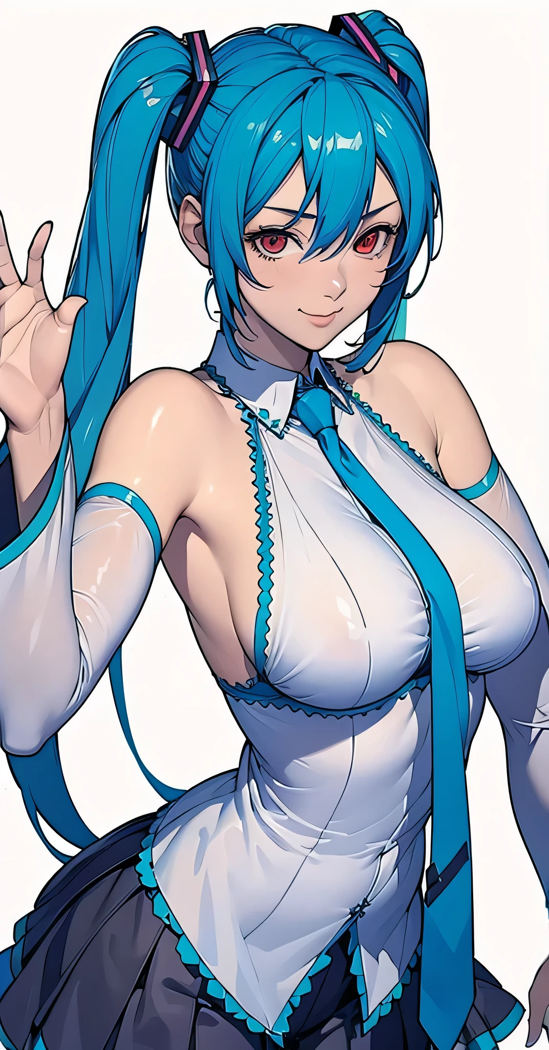 masterpiece, hatsune miku, White shirt, Blue tie, Exposing shoulders, The sleeves are separated, Evil Smiley Face, Dark Skin, Red eyes, Iris, Pupil orange,