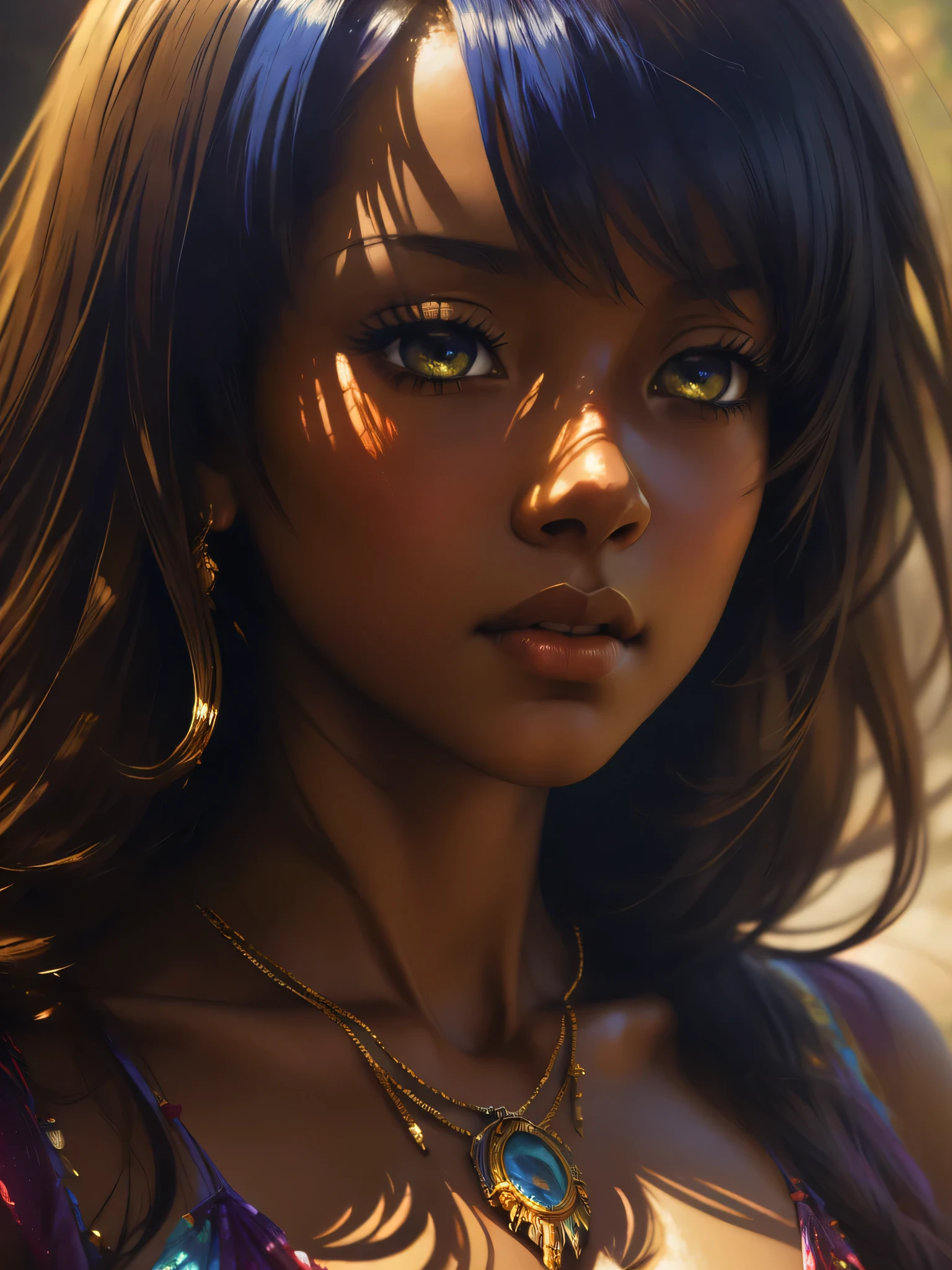 ((Solo Beautiful Caribbean woman with dark skin and striking eyes)), shadowed interior background, art by akihiko yoshida, manga art style, colorfield illustration, Scary atmosphere, global illumination, by frank frazetta, art by goro fujita, glamour shot, banner, blur, anime key visual, (blue, yellow and grey colors), dramatic photo, anime girl, Intricate details, chiaroscuro, pino daeni, impressionist (best quality, masterpiece)