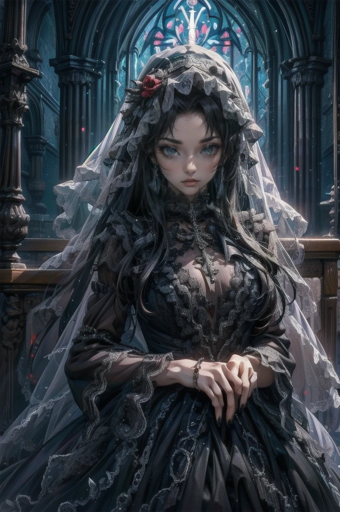 Create an image set with a photorealistic dark chapel, Illuminated only by moonlight, Featuring an anime-style girl character as the central character. She is portrayed as an evil guru., She is wearing a jet black dress with a striking black veil., Pale skin, And long black nails. Her eyes are bright red, Adding to her eerie presence. Pagan God々Surround her with symbols of, Integrating them into the dark chapel environment. The contrast between the realistic chapel and the stylized anime girl should be striking., Emphasizing the integration of various artistic mediums.