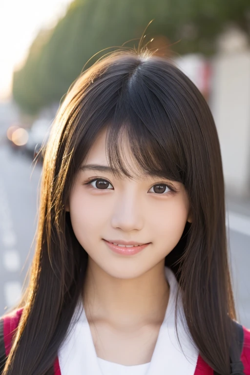 Cute 15 year old Japanese、on the road、Highly detailed face、Pay attention to the details、double eyelid、Beautiful thin nose、Sharp focus:1.2、Beautiful woman:1.4、Cute Hairstyles、Pure white skin、Highest quality、masterpiece、Ultra-high resolution、(Realistic:1.4)、Highly detailed and professional lighting、nice smile、Japanese school girl uniform