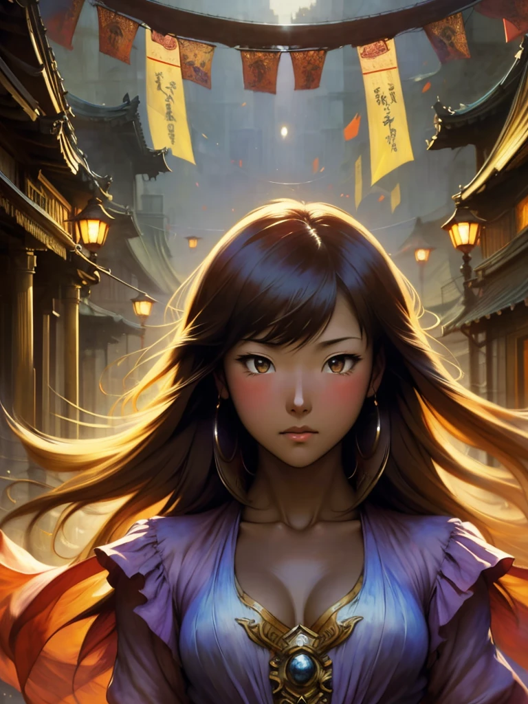 ((Solo Beautiful asian woman with dark skin and striking eyes)), shadowed interior background, art by akihiko yoshida, manga art style, colorfield illustration, Scary atmosphere, global illumination, by frank frazetta, art by goro fujita, glamour shot, banner, blur, anime key visual, (blue, yellow and grey colors), dramatic photo, anime girl, Intricate details, chiaroscuro, pino daeni, impressionist (best quality, masterpiece)
