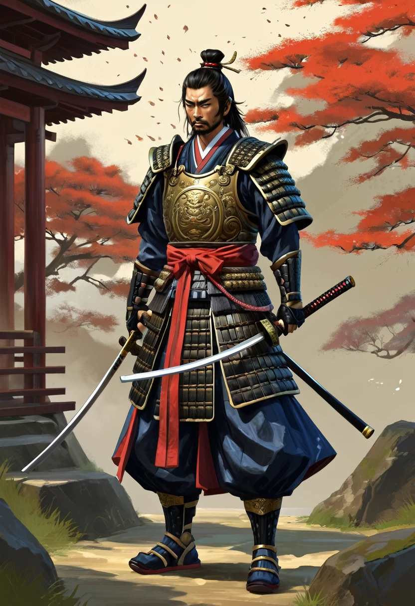 Need to create concept art of a samurai for MMORPG, centered on a Japanese setting. The character must be presented in classic samurai armor and weapons, combining elements of traditional and fantasy design, more details. digital painting