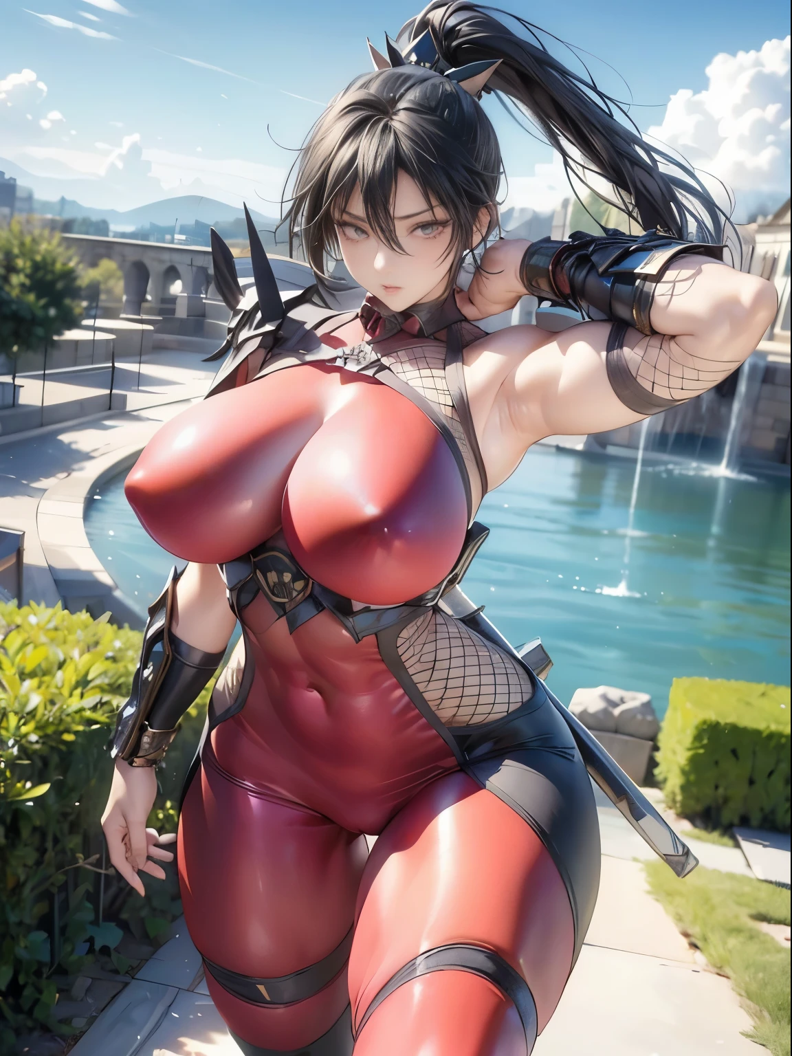 Excellent anatomy, masterpiece, Highest quality,Realistic, hyperRealistic, 16k hdr, like that, 赤いFishnet tightsのボディスーツ, 赤いFishnet tightsのボディスーツ, Fishnet tights, Fingerless gloves, Arm guard, Shoulder Armor,Medium chest,Outdoor,Castle Background,blue sky,Dynamic pose,(Fighting Pose:1.2),Spread your legs,(Black Mask,Holding a sword:1.1),Camel Toe,Fighting game female characters, (Huge and stunning goddess shot, Very hot and sexy, Incredible beauty, Perfect proportions, Beautiful body, Very muscular body beauty:1.5), Hip Up,Muscular Woman,Trained abdominal muscles,Slim and toned waist, Beautiful Eyes ,Trained back muscles,とてもMuscular Woman , Blurred Background , 